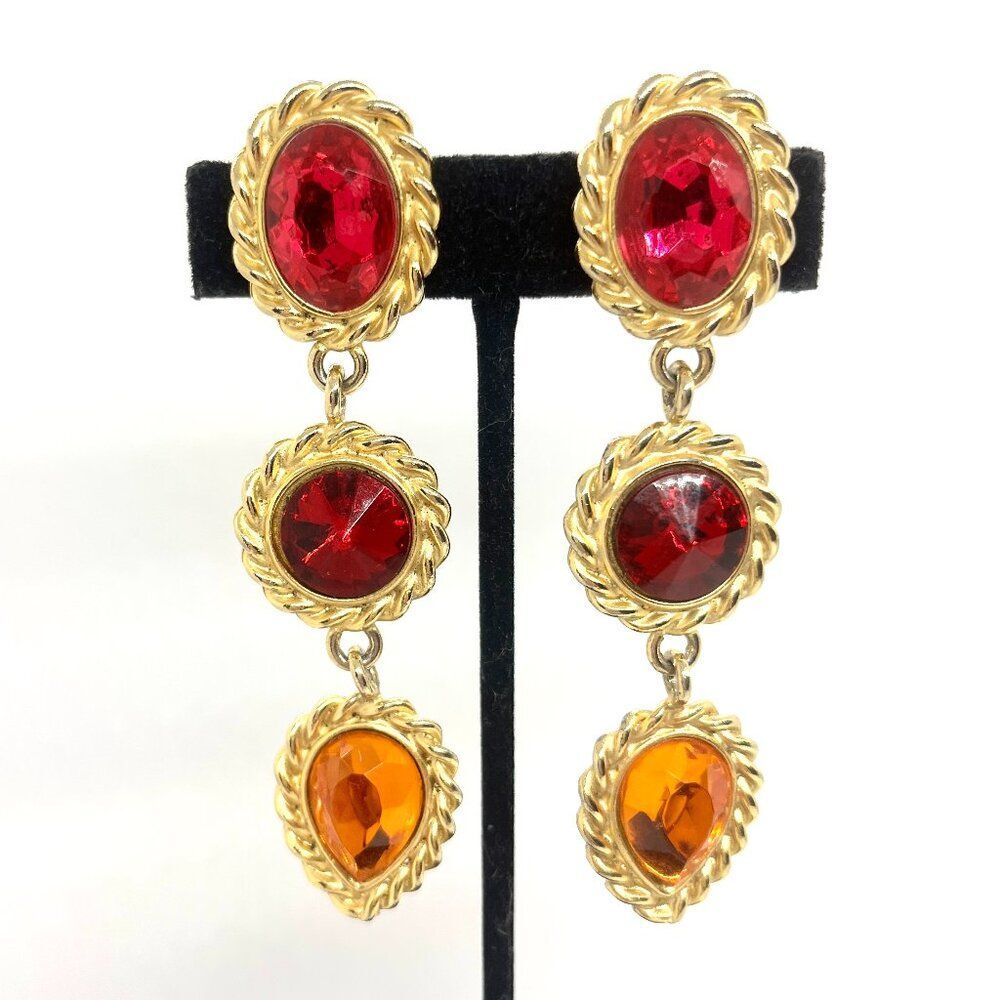 Red Rhinestone Earrings Clip On Orange Drop Gold Tone Statement 80s Vintage